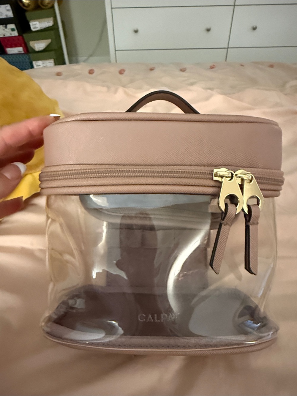 Calpak Blush Pink Clear Cosmetic Case with Gold Hardware